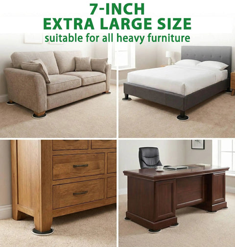 Eight Pack Extra Large Furniture Sliders For Carpet And Hardwood Floors Heavy Duty Reusable Gliders under a sofa and bed on carpet.