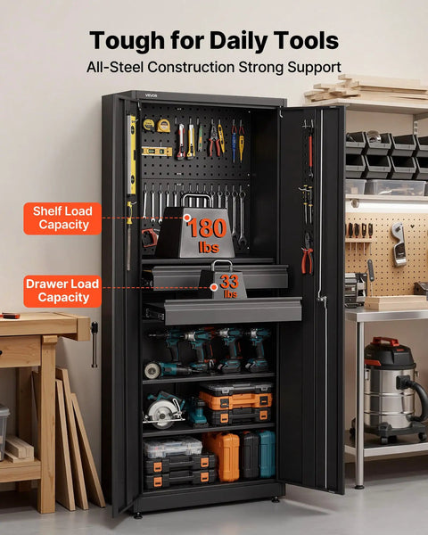 Heavy Duty Metal Storage Cabinet Built Tough With 180 Lb Shelf Load, 70.87 Inch Tall Garage Tool Cabinet With Dual Locking Doors open view