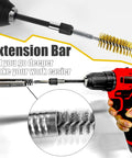 Pro Grade 14 Piece Bore Brush Set With Dual Material Stainless Steel And Brass Brushes attached to power drill extension bar