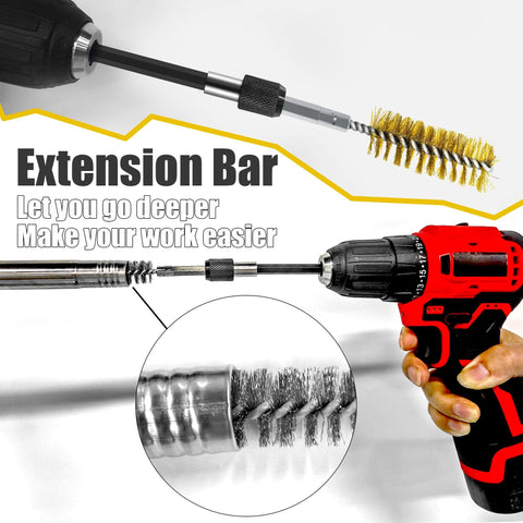 Pro Grade 14 Piece Bore Brush Set With Dual Material Stainless Steel And Brass Brushes attached to power drill extension bar