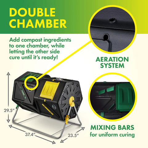 Dual Chamber Compost Tumbler With 2 Sliding Doors About 55 Gallons Total Easy Turn System All Season Heavy Duty High Volume