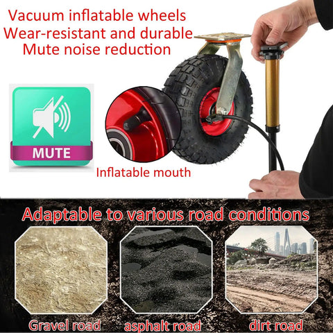 Heavy Duty Swivel Caster Wheels With Brakes Set Of Four Pneumatic Tires Silent Ride Shock Absorbing Build Ten Inches Across Loads, showing inflatable wheel and pump.