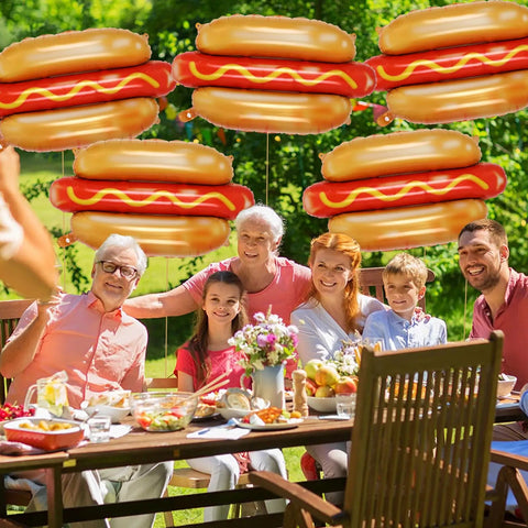 Family picnic with Giant Hot Dog Foil Balloons Set Of 6 That Inflate To 28 Inches Perfect For Picnic BBQs And Birthday Parties