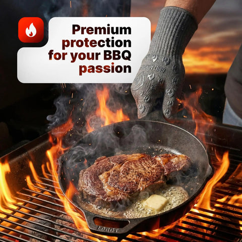 932F Extreme Heat Resistant Oven Gloves With Fingers For Grilling shown handling a hot cast iron skillet on grill