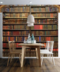 Dining area with Self Adhesive Peel And Stick Wallpaper PVC Print Wall Mural Old Library Look Removable Wall Decal behind table