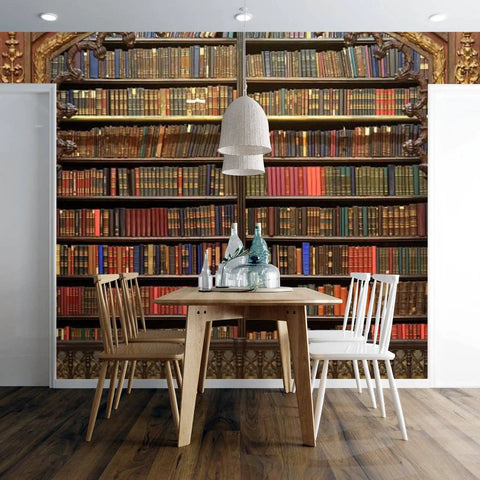 Dining area with Self Adhesive Peel And Stick Wallpaper PVC Print Wall Mural Old Library Look Removable Wall Decal behind table