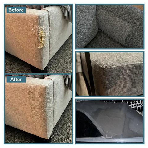Self Adhesive Linen Repair Patches 8 By 11 Inches 2 Pack In Dark Grey for sofas showing before and after upholstery repair.