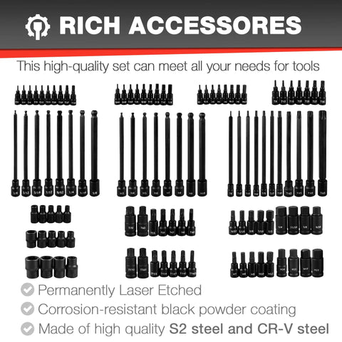 107 Piece Bit Socket Set with 1/4 3/8 and 1/2 inch drives, includes hex, Torx, tamper-proof, extra long bits, made of S2 and CR-V steel.
