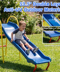 Backyard Swing Set With Built Tough Heavy Duty Metal Stand 440 Lb Capacity 53 inch blow molded slide in use by child outdoors