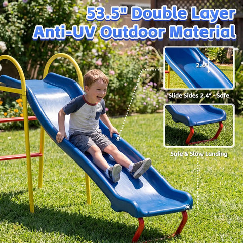 Backyard Swing Set With Built Tough Heavy Duty Metal Stand 440 Lb Capacity 53 inch blow molded slide in use by child outdoors