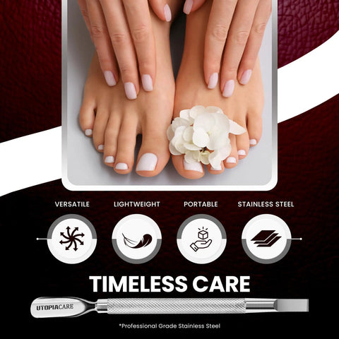 Cuticle Pusher Tool And Spoon Nail Cleaner Stainless Steel 5.5 Inch Manicure Pedicure Tool shown with hands and feet