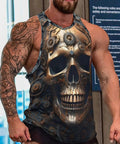 Men Fly Skull Printed Tank Top Fresh 3D Mechanical Metal Graphic Sleeveless Muscle Shirt Relaxed Fit Polyester Cotton Blend Hype Streetwear Gym Tank 4X Large Drip worn by a muscular man with tattoos.