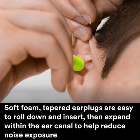 Inserting Premium Slow Recovery Foam Ear Plugs For All Day Comfort, 33 dB NRR into ear, close-up