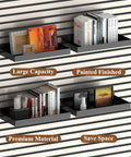 Heavy Duty Slatwall Shelves And Baskets Set 13 By 6 Inch Metal Wall Display Racks For Storage And Organization Rust Resistant Black Finish Perfect For Retail Shops Garage And Home Use, four shelves with books and frames