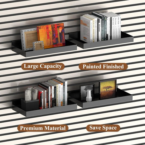 Heavy Duty Slatwall Shelves And Baskets Set 13 By 6 Inch Metal Wall Display Racks For Storage And Organization Rust Resistant Black Finish Perfect For Retail Shops Garage And Home Use, four shelves with books and frames