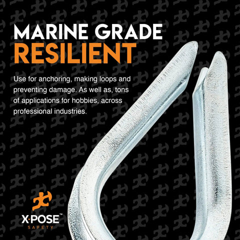 Close-up of Heavy Duty Stainless Steel Wire Rope Thimbles 1/8 Inch Marine Rigging for anchoring and loops.