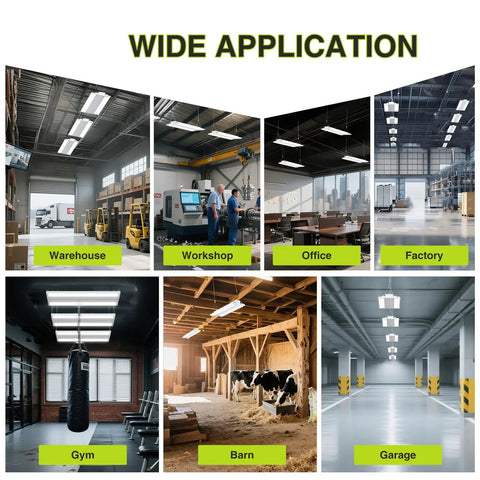 210W LED Linear High Bay Shop Light With Large Central Lighting Area 31500 Lumens installed in various locations like warehouses and garages.
