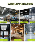 4 Pack 300W LED Linear High Bay Shop Lights With Motion Sensor installed in warehouse, workshop, factory, gym, barn, garage.