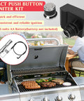 Six Outlet Tact Push Button Igniter Kit for grills, showing igniter parts and cooked sausages on a grill in a garden setting.