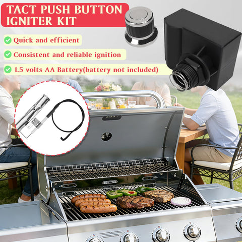 Six Outlet Tact Push Button Igniter Kit for grills, showing igniter parts and cooked sausages on a grill in a garden setting.