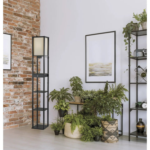 Dope Jumbo Shelf Light With USB Port And Drawer In Black MDF Frame, Off White Fabric Shade, 3 Storage Shelves And Hidden Drawer, On Off Pull Chain, Perfect Desk Or Nightstand Lamp With Built In USB Power And Storage