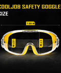 Over Glasses Safety Goggles With Anti Fog Clear Lens ANSI Z87.1 Impact Resistant And UV Proof Eye Protection front view, size dimensions labeled.