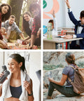 Collage of people using GoZero Everyday Water Filter Bottle 22 Oz BPA Free Tritan Plastic Reusable Bottle With Portable Filter For Travel Green.