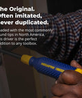 15 In 1 Multi-Bit Screwdriver With Retractable Bit Cartridge, 14 Double-Ended Tips, shown in use for door hardware.