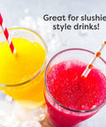 Vintage Cart Shaved Ice Machine Slushie Maker With Stainless Blades producing yellow and red slushie drinks in glasses.
