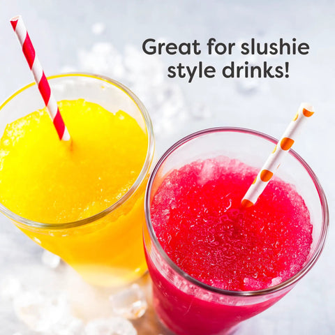 Vintage Cart Shaved Ice Machine Slushie Maker With Stainless Blades producing yellow and red slushie drinks in glasses.