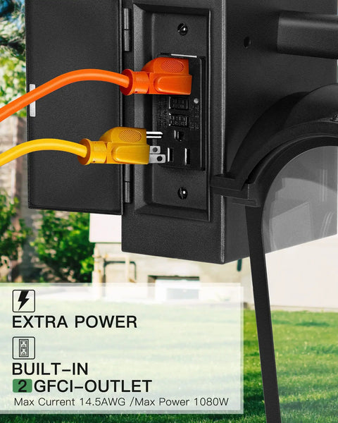 Close-up of Two Pack Porch Lights With GFCI Outlet showcasing dual plugs in use outdoors, emphasizing built-in GFCI outlet feature.