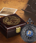 Mechanical Skeleton Pocket Watch With Roman Numerals, Double Case, Dragon Phoenix Carving, Brown Wood Finish Box