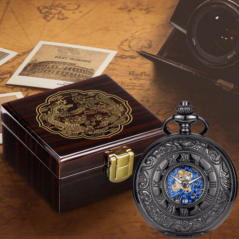 Mechanical Skeleton Pocket Watch With Roman Numerals, Double Case, Dragon Phoenix Carving, Brown Wood Finish Box