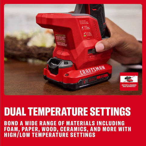 Close-up of V20 Mini Cordless Hot Glue Gun With LED Light And Sticks Set, showcasing dual temperature controls and cordless design.