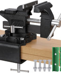 Shop Beast 4.5 Inch Bench Vise With Zero Drill Clamping Base For Workbenches on wood, showcasing cast iron build and swivel mount.