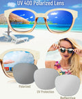 Trendy Cream Colorblock Polarized Sunglasses For Women Featuring Retro Square Frames And UV400 Mirrored Lenses packaging with beach background.