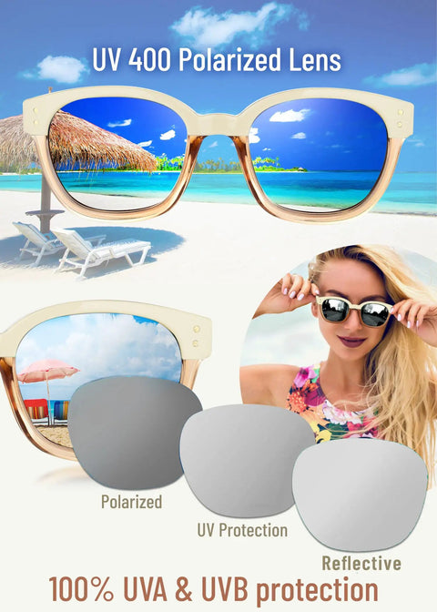Trendy Cream Colorblock Polarized Sunglasses For Women Featuring Retro Square Frames And UV400 Mirrored Lenses packaging with beach background.