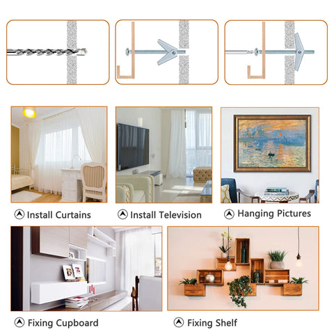 Diagram showing installation uses for Toggle Bolt And Wing Nut Assortment Kit For Drywall Hanging Heavy Items One Eighth Inch Three Sixteenth Inch One Quarter Inch Twenty Four Pieces Zinc Plated Steel For Strong Rust Resistant Fastening In Homes And Workshops, includes curtains, television, pictures, cupboards, and shelves.