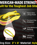 Heavy Duty 3X8 Foot Nylon Two Ply Eye And Eye Rigging Sling With Eight Nine Hundred Pound Vertical Capacity Built Tough Right Here In Usa For That Daily Site Grind, yellow nylon webbing, flat eye design.