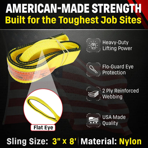 Heavy Duty 3X8 Foot Nylon Two Ply Eye And Eye Rigging Sling With Eight Nine Hundred Pound Vertical Capacity Built Tough Right Here In Usa For That Daily Site Grind, yellow nylon webbing, flat eye design.