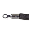 Close-up of U2140 Premier Chrome Post And Black Velvet Rope Crowd Control Stanchion hook attachment with chrome finish.