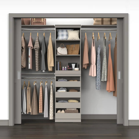 Super Slick Modular Closet Storage Organizer With Four Stackable Drawers In Taupe Decked Out With Decorative Trim And A Solid Back Panel For A Gotta Have Organized Space Vibe That Stays Tight And Totally Hassle Free