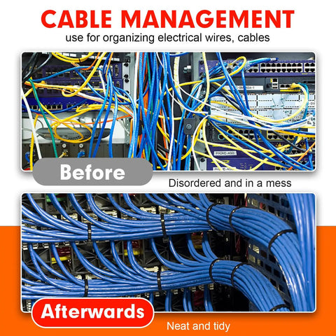 Heavy Duty Black Cable Ties 14 Inch 0.18 Inch Wide 1200 Pack Self Locking Nylon 66 Zip Ties With 50lb Tensile Strength For Indoor Outdoor Use UV Resistant Weatherproof Durable Tie Wraps Built Tough For Any Job organizing cables in before and after setup.