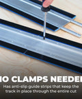 Pro Level Circular Saw Track Extension Adds 50 Inches Slick Guide Rail showing anti-slip guide strips for stability during cuts.