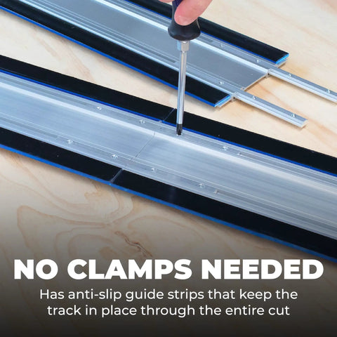 Pro Level Circular Saw Track Extension Adds 50 Inches Slick Guide Rail showing anti-slip guide strips for stability during cuts.