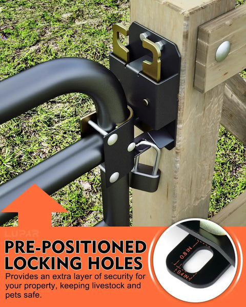 Heavy Duty Two Way Farm Gate Latch With Self Locking Nut close-up showing pre-positioned locking holes for added security.