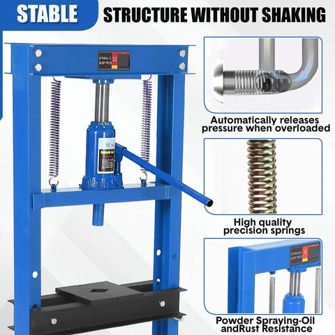 Top Shelf 12 Ton H Frame Hydraulic Press Shop Beast With Reinforced Stamping Plates For Serious Auto Repair Garage Builds And Metal Straightening Works, blue frame, hydraulic pump, stable construction.