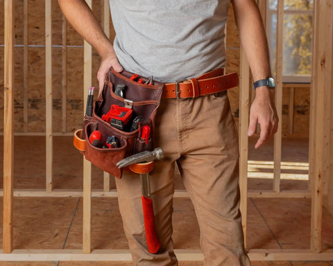 All Leather Heavy Duty Tool Pouch For Pros Reinforced Seams Pro Grade 4 Pocket Framing Pouch With Hammer Loop on builder