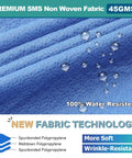 Blue SMS 45G fabric texture showcasing water resistance for Dental Disposable Lab Coat Set Knee Length 3 Pockets Soft Knit Cuffs And Collar SMS 45G Material Blue 10 Pack Durable Medical Lab Coats For Hospitals Clinics And Dental Labs.