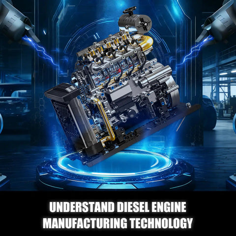 Ultra Realistic Inline 4 Cylinder Diesel Engine Kit With Motor for adults LEGO compatible set in futuristic scene